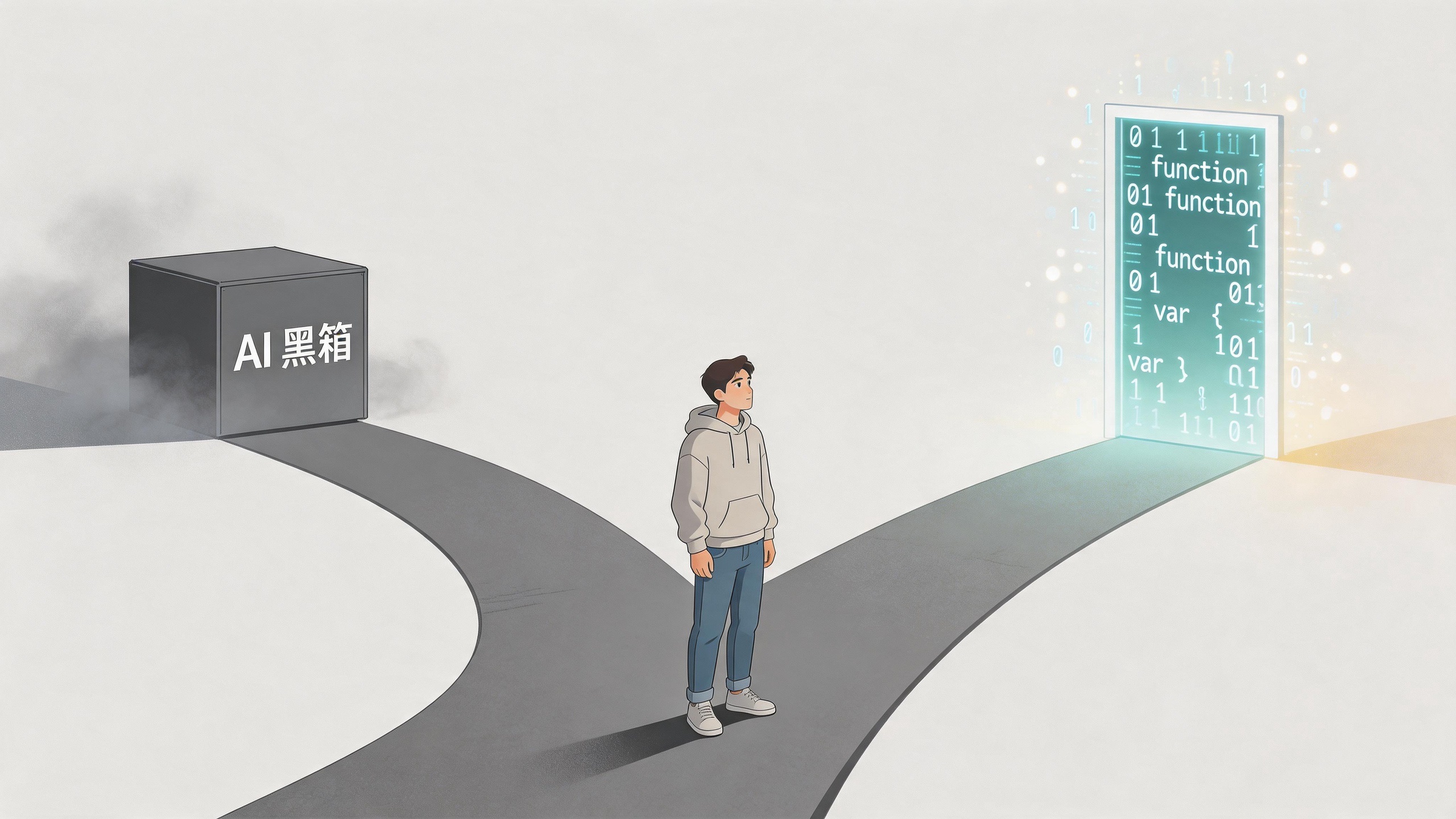 一个人站在分叉路口，一边通向灰暗的“AI 黑箱”方盒，一边通向由代码与数据组成的发光之门